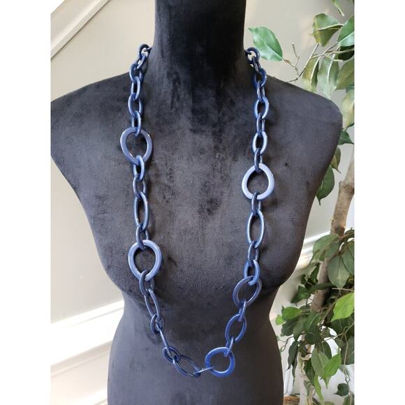Women's Chunky Blue Link Necklace Statement Resin Toggle Clasp - Picture 1 of 6